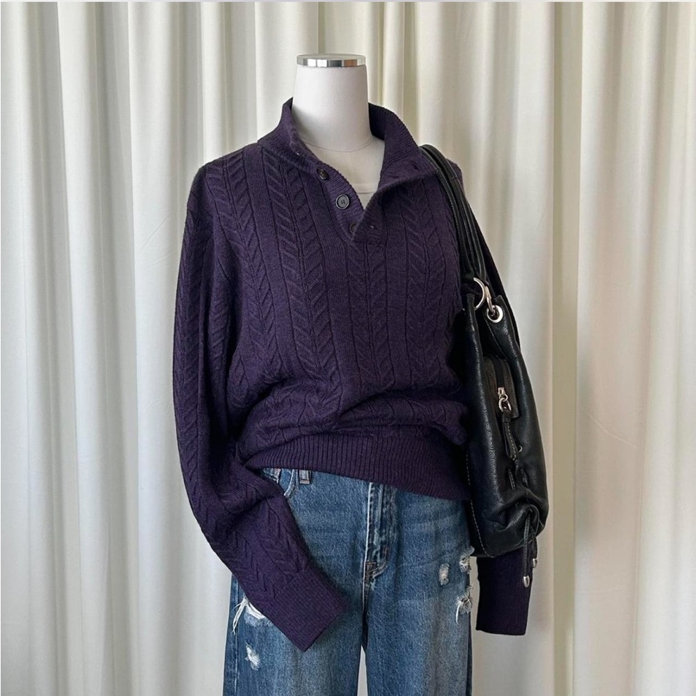 Ben Silver Charleston 100% Royal Alpaca Cable Knit Sweater Deep Purple Mens M